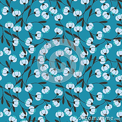 Seamless pattern with simple light blue abstract flowers and dark gray leaves.Vector floral background Vector Illustration