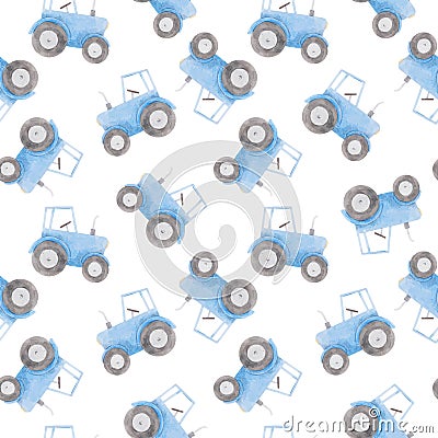 Beautiful seamless pattern with watercolor blue tractor. Stock illustration. Vector Illustration