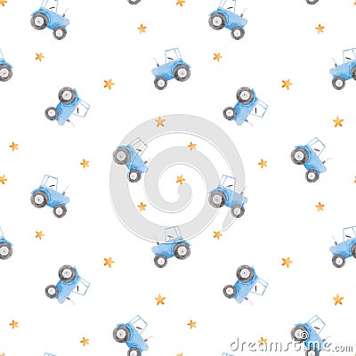 Beautiful seamless pattern with watercolor blue tractor. Stock illustration. Vector Illustration