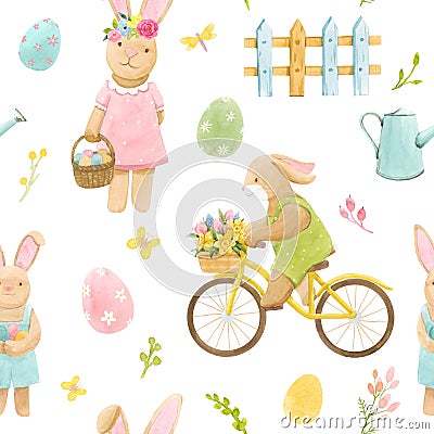 Beautiful seamless pattern with watercolor cute bunny boy on bike with basket of flowers and rabbit girl. Stock Photo