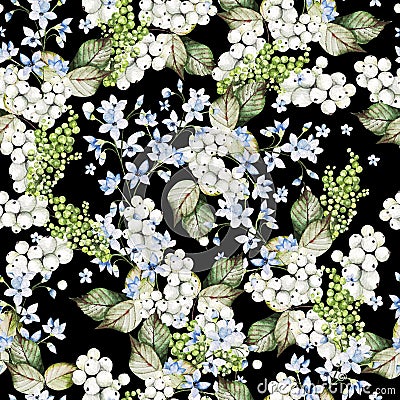 Beautiful Seamless pattern with watercolor forget-me-not and snowberry. Stock Photo