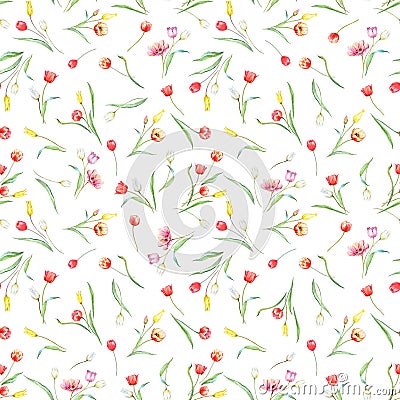 Beautiful seamless pattern with watercolor gentle blooming tulip flowers. Stock illustration. Cartoon Illustration