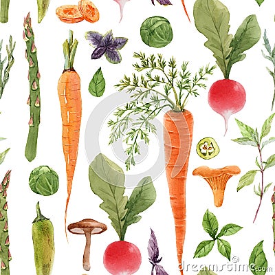 Beautiful seamless pattern with watercolor hand drawn vegetables. Stock illustration. Healthy food painting. Cartoon Illustration