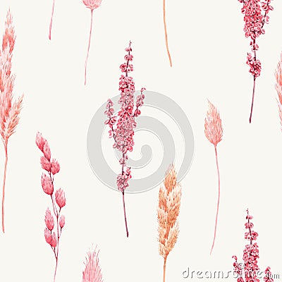 Beautiful seamless pattern with watercolor herbarium wild dried grass in pink and yellow colors. Stock illustration. Cartoon Illustration