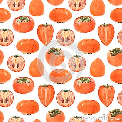 Beautiful seamless pattern with watercolor hand drawn persimmon fruit. Stock illustration. Cartoon Illustration