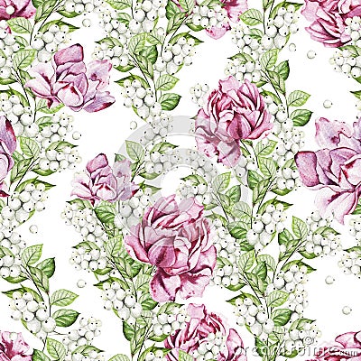 Beautiful Seamless pattern with watercolor roses and snowberry. Stock Photo