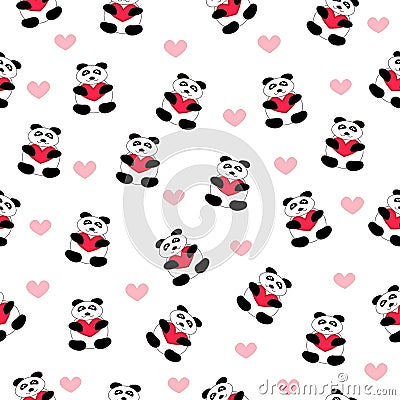 beautiful seamless pattern of white with bears teddy bears pandas with hearts Vector Illustration