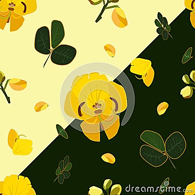 Beautiful seamless pattern of yellow Cassia fistula flowers Vector Illustration