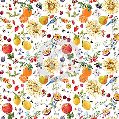 Beautiful seamless summer pattern with watercolor flowers and lemon pear orange mango fruits. Stock illustration. Cartoon Illustration