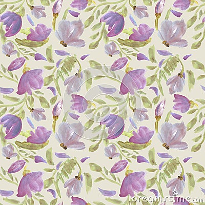 Beautiful, seamless, tileable pattern with watercolor flower , bouquets, leaves, flowers blossoms. Vintage background. Stock Photo