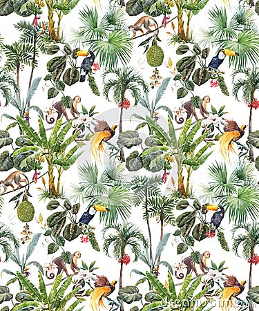 Beautiful seamless tropical floral pattern with hand drawn watercolor exotic jungle palm trees and animals. Toucan Cartoon Illustration