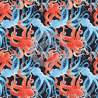 Beautiful seamless underwater pattern with watercolor red and blue octopus. Stock illustration. Cartoon Illustration
