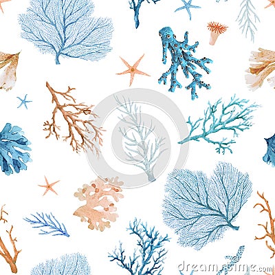 Beautiful seamless underwater pattern with watercolor sea life colorful corals. Stock illustration. Cartoon Illustration