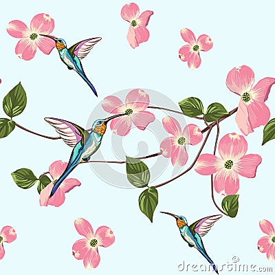 Beautiful seamless vector floral summer pattern background with hummingbird and spring magnolia flowers. Stock Photo