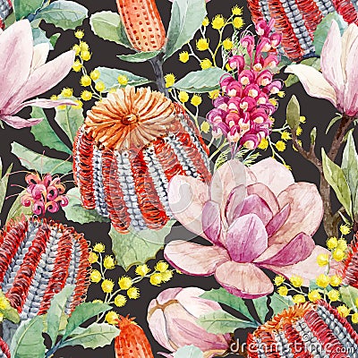 Watercolor banksia and magnolia vector pattern Vector Illustration