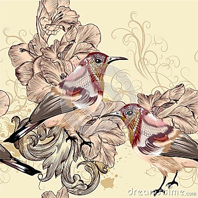 Beautiful seamless vector wallpaper pattern with birds Stock Photo