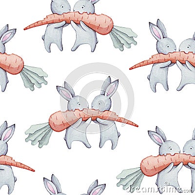 Beautiful seamless watercolor pattern with cute rabbits and carrot. Perfect for your project, packaging, wallpaper, cover des Stock Photo