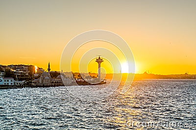 Beautiful seascape of bosphorus strait with golden sunset in Istanbul, Turkey Editorial Stock Photo