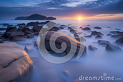 Beautiful seascape with long exposure of rocks and sea at sunset Stock Photo