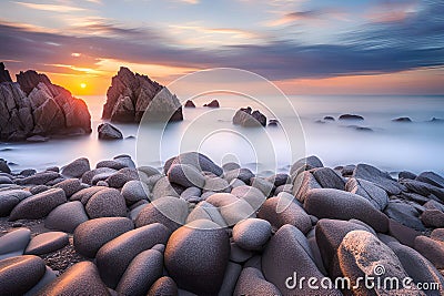 Beautiful seascape with long exposure of rocks and sea at sunset Stock Photo