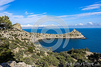 Beautiful seascape, panorama of cape Kapchik to the Galitsin Trail. Russia. Stock Photo