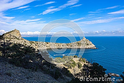 Beautiful seascape, panorama of cape Kapchik to the Galitsin Trail. Russia. Editorial Stock Photo