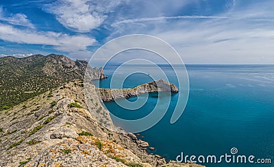 Beautiful seascape, panorama of cape Kapchik to the Galitsin Trail and blue bay of the Black Sea. Sudak, New World. Landscape of Stock Photo