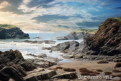 Beautiful seascape with rocks and sea in Cornwall, UK, A Rocky Beach landscape view with rough sea waves and beautiful sky, AI Stock Photo