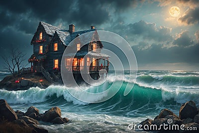 Beautiful seascape with sea waves and old wooden house in the evening Stock Photo