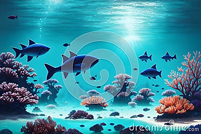 Beautiful seascape under water life corals plants fantasy game illustration ai generated background Cartoon Illustration