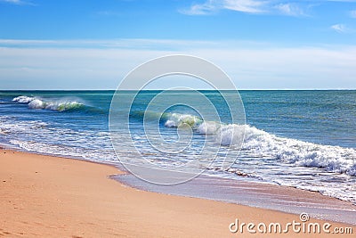 Beautiful seascape, wave rolling on a sandy beach, tropics, vacation, travel background Stock Photo