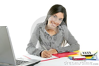 Beautiful secretary businesswoman writing on desk Stock Photo