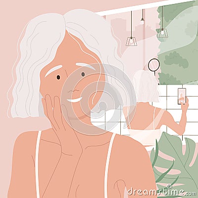 Beautiful, self confident woman looking at her gray hair in a mirror. Natural phenomenon of grey hair concept. Self-acceptance Vector Illustration