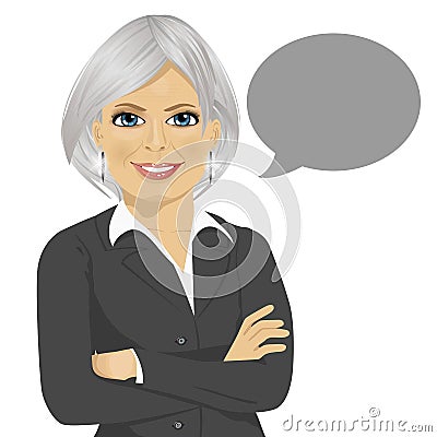 Beautiful senior businesswoman with arms crossed standing next to gray blank speech bubble Vector Illustration