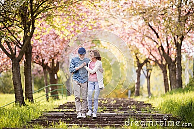 Beautiful senior couple in love outside in spring nature. Stock Photo