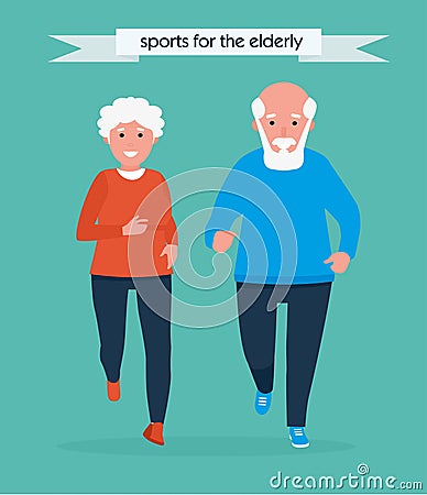 Beautiful senior couple running outside. Active sport concept set. Cartoon flat style illustration isolated Vector Illustration