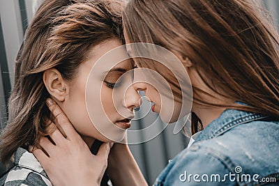 Beautiful sensual girlfriends hugging and kissing with passion Stock Photo