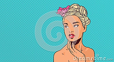 Beautiful Sensual Woman With Elegant Hairstyle Portrait Of Attractive Female Holding Hand On Chin Over Pop Art Retro Vector Illustration