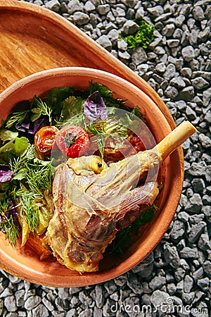 Beautiful Serving Homemade Buglama or Shin of Lamb with Vegetables Stock Photo