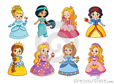 Beautiful set with cartoon princesses. Vector illustration with girls Vector Illustration