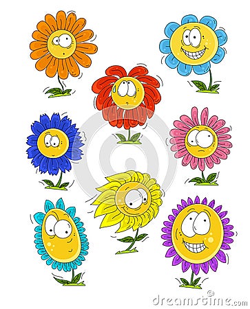 Beautiful set with cute cartoon flowers with different emotions. Vector Illustration