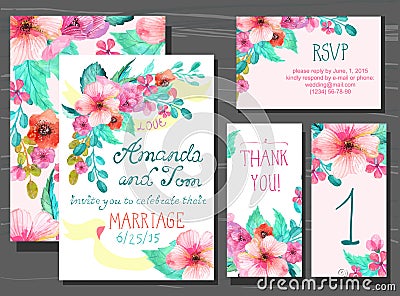 Beautiful set of invitation cards with watercolor flowers elements and calligraphic letters Vector Illustration