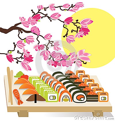 Beautiful set of Sushi Japanese food under the Vector Illustration