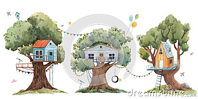 Beautiful set with three cute watercolor children tree houses. Stock illustration. Cartoon Illustration