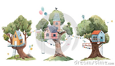 Beautiful set with three cute watercolor children tree houses. Stock illustration. Cartoon Illustration