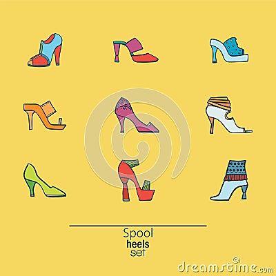 Beautiful set of various shoes and sandals, isolated on yellow background. Vector bundle with 9 different summer and spring female Cartoon Illustration