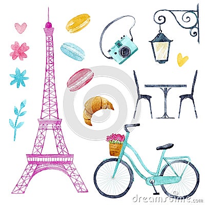 Watercolor parisian life set Stock Photo