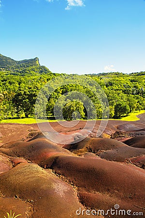 The beautiful Seven Coloured Earth Terres des Sept Couleurs. Chamarel, Island Mauritius, Indian Ocean, Africa Stock Photo