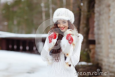 Beautiful brunette girl with red lips in a fur vest and hat Stock Photo