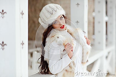 Beautiful brunette girl with red lips in a fur vest and hat Stock Photo